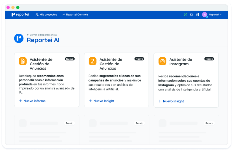 Asistentes de Reportei AI: informes, tráfico pago e Instagram