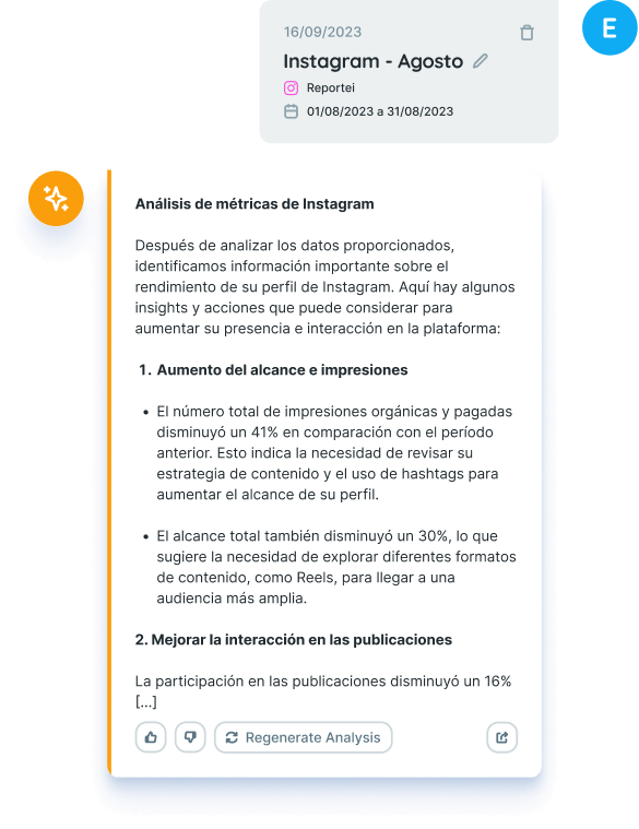 Análisis de métricas de Instagram hecho por el asistente de Reportei AI