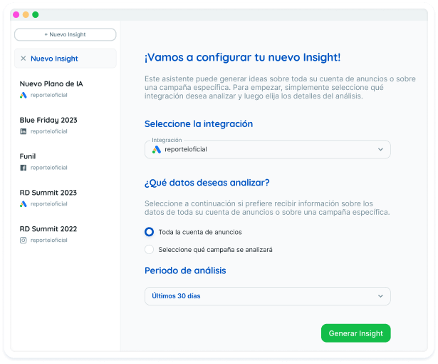 Configuración de un nuevo análisis en Reportei AI