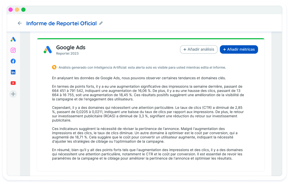 Informe de Reportei con un análisis escrito por inteligencia artificial