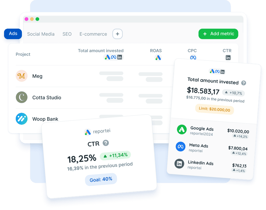 Reportei overview dashboard with KPIs from several projects